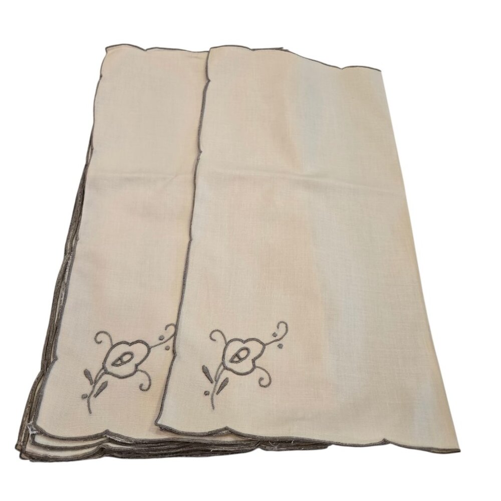 Vintage Cotton Wedding Napkins Flower Embroidered Cream Ecru Taupe Gray 12 Piece